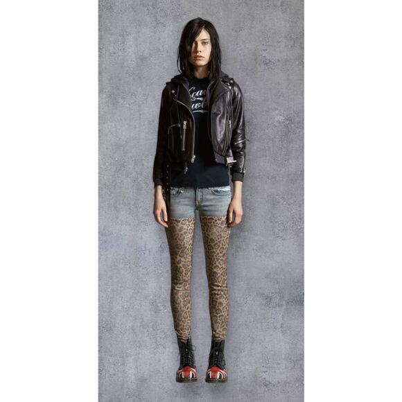 R13 The Alison Chaps Jeans Distressed Denim Stretch Leather Leopard Legs Sz 26 - Picture 1 of 16